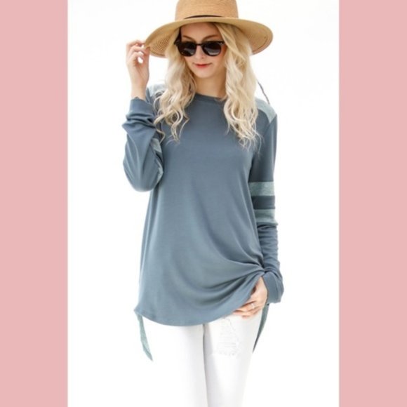 Long Stripe Sleeve Casual Top Blue/Teal High Low - Picture 5 of 9